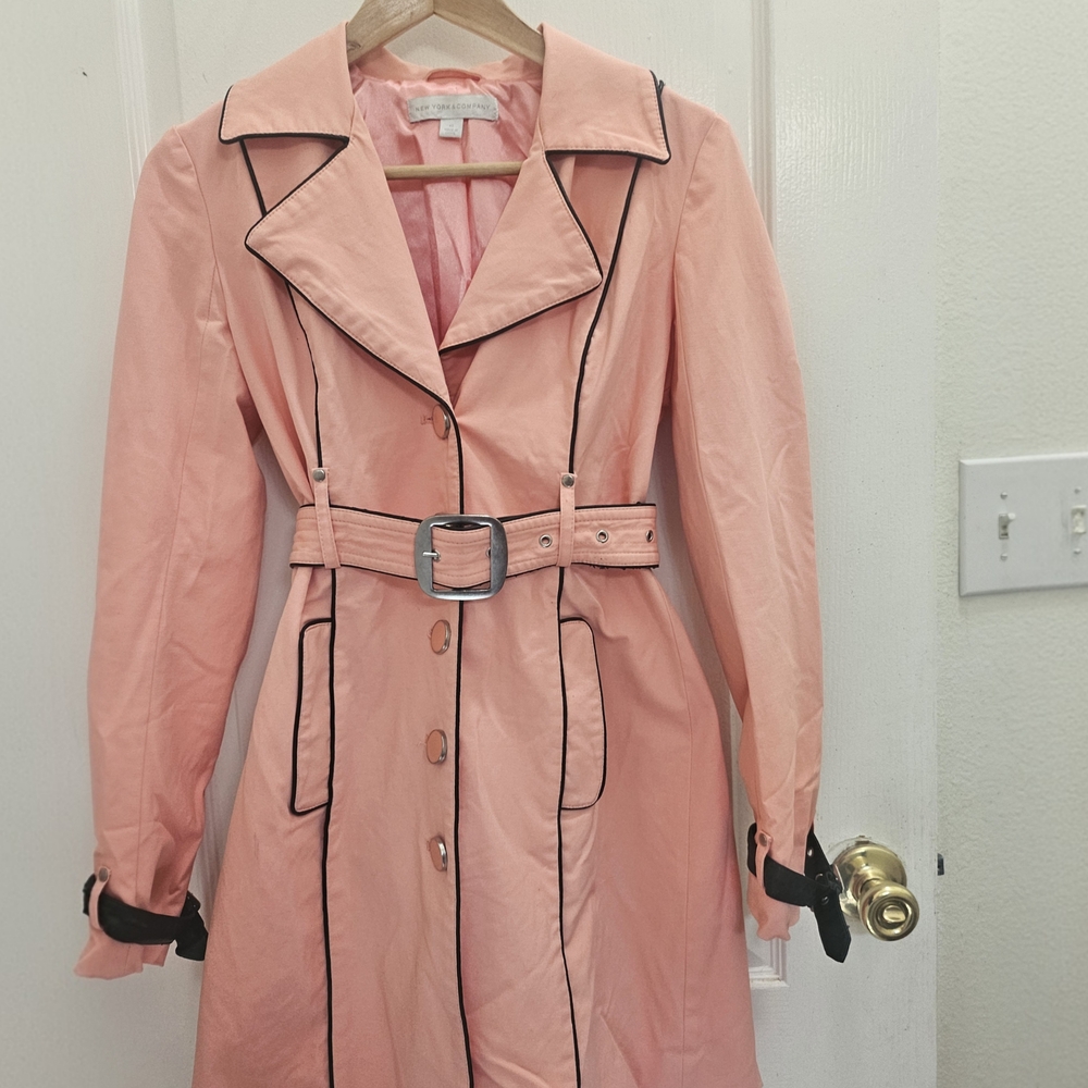New York & Company Pink Trench Coat with Black Accents
